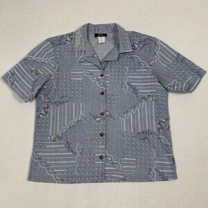 Vintage Tapestry Blue Floral Patchwork Button Up Short Sleeve Shirt Small USA